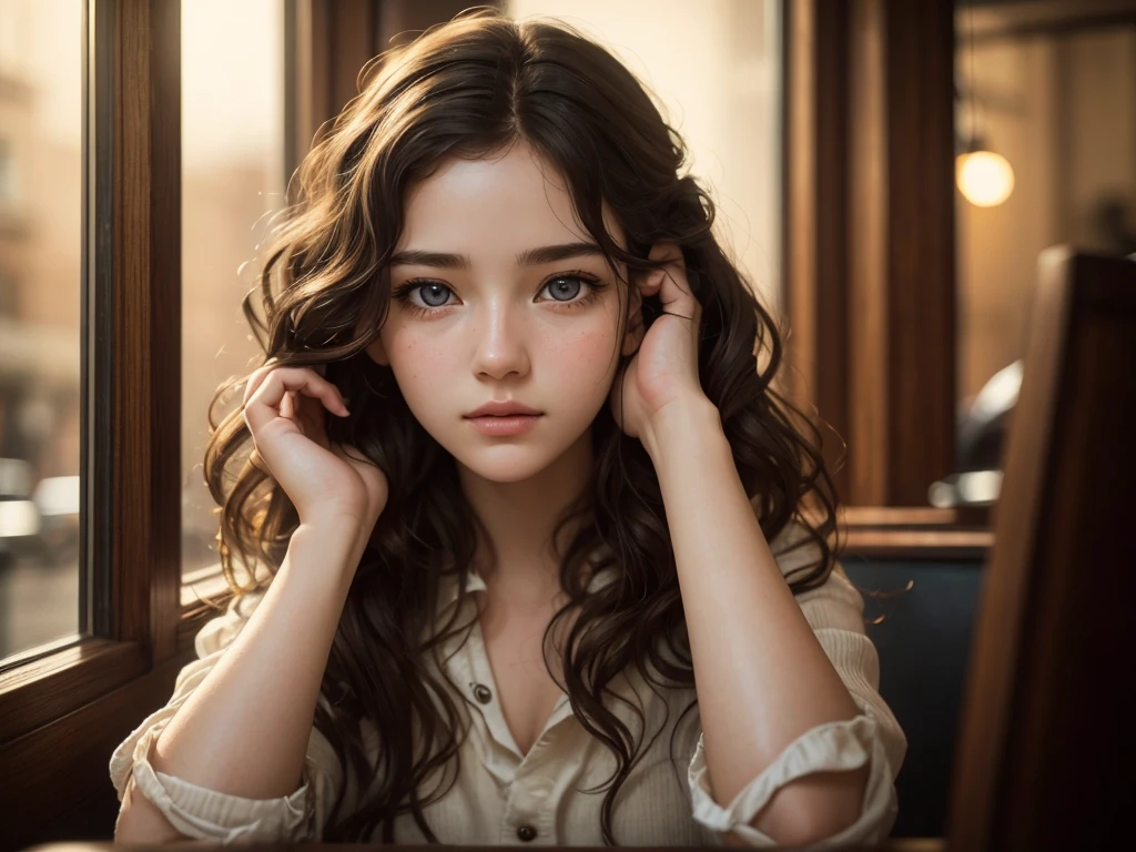 A girl in a coffee shop, listening to music, cozy lofi atmosphere, beautiful detailed eyes, beautiful detailed lips, extremely detailed face and features, porcelain skin, wavy hair, intricate details, warm lighting, cinematic composition, soft focus, film grain, photorealistic, highly detailed, masterpiece