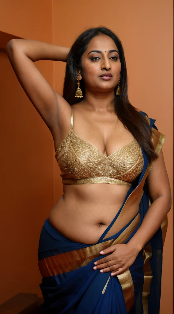 Foto RAW, photorealistic, photography, full body shot, 50 years old Woman, master shot, perfect eyes, goddess like beauty, pierced eyes, perfect thick chubby mallu Desi aunty bhabhi, Wearing a Stanapatta, a chest-band.Saree model, model Photography, Indian saree shoot, Indian traditional wear advertising photography, traditional wear brand shoot, face of Indian actress Sonakshi Sinha, masterpiece, realistic, realism, incredible details,  pleasure, photorealism, detailed skin, skin pores, high contrast, photorealistic Artstation 8k HD digital art trend of high definition and detailed realistic skin texture, ultra detail, realistic skin texture, armature, best quality, ultra high definition, (photorealistic:1.4),, high resolution, detail, raw photo, sweat, Re sharp, by Lee Jefferies Nikon D850 Film Stock Photo 4 Kodak Portra 400 Camera F1.6 Lens Rich Color Ultra Real Realistic Realistic Textures Dramatic Lighting Unreal Engine Trending at Art Station Cinestill 800,(pele altamente detalhada: 1.2), 8k UHD, DSLR, soft-lighting, alta qualidade, grain of film, Fujifilm XT3,she didn't like to wear blouse or bra, she is happy to wear only saree, she hates blouse or bra, detailed hairy armpits, hyper realistic skin, skin pores, sweat, veins, short hairs on armpit, stubble armpits, hyper realistic hairy armpits, 