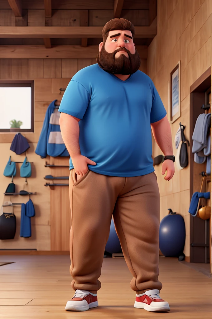 obese man, brown hair and beard , with sad expression in gym clothes