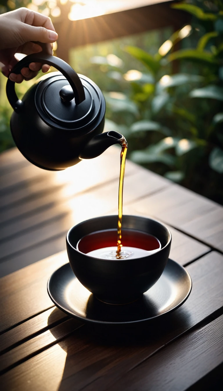 Front view.Close-up of pouring tea into tea cup.(anatomically correct)cast iron kettle(Detailed description of the texture of iron)teapot.Exquisite white ceramic glaze small teacup set on wooden coasters. Dark tone foggy gradient bokeh background.Inspired by the tea ceremony scene, cozy atmosphere, Zen and calm, A taste of serenity and zen, Warm and respectful atmosphere, Comfortable environment, Just relax, feeling of happiness, Afternoon light and shadow.high quality. High style.Zen style bamboo branches and leaves background（best quality）（intricate details）(leave a big blank)Minimalism, romanticism, Chiaroscuro, outer boundary, Ultra high quality, masterpiece, , Super detailed, best quality.Nice photos