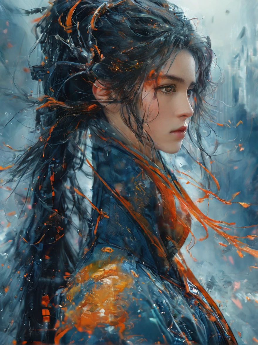 ((extremely delicate and beautiful cybernetic girl)), ((mechanical limb, blood vessels connected to tube, mechanical vertebrae)), ((mechanical cervical attaching to neck)), (wires and cables attaching to neck:1.2), ((mass of wires and cables on head)), ((wearing colorful Harajuku tech jacket with logos)), (character focuacing camera pose)), ((cowboy shot)), (masterpiece), (((best quality))), ((ultra-detailed)), (highly detailed photorealistic CG illustration), cinematic lighting, science fiction, extremely detailed,colorful,highest detail, (((cyberpunk city background, (Blade Runner), Harajuku district)))