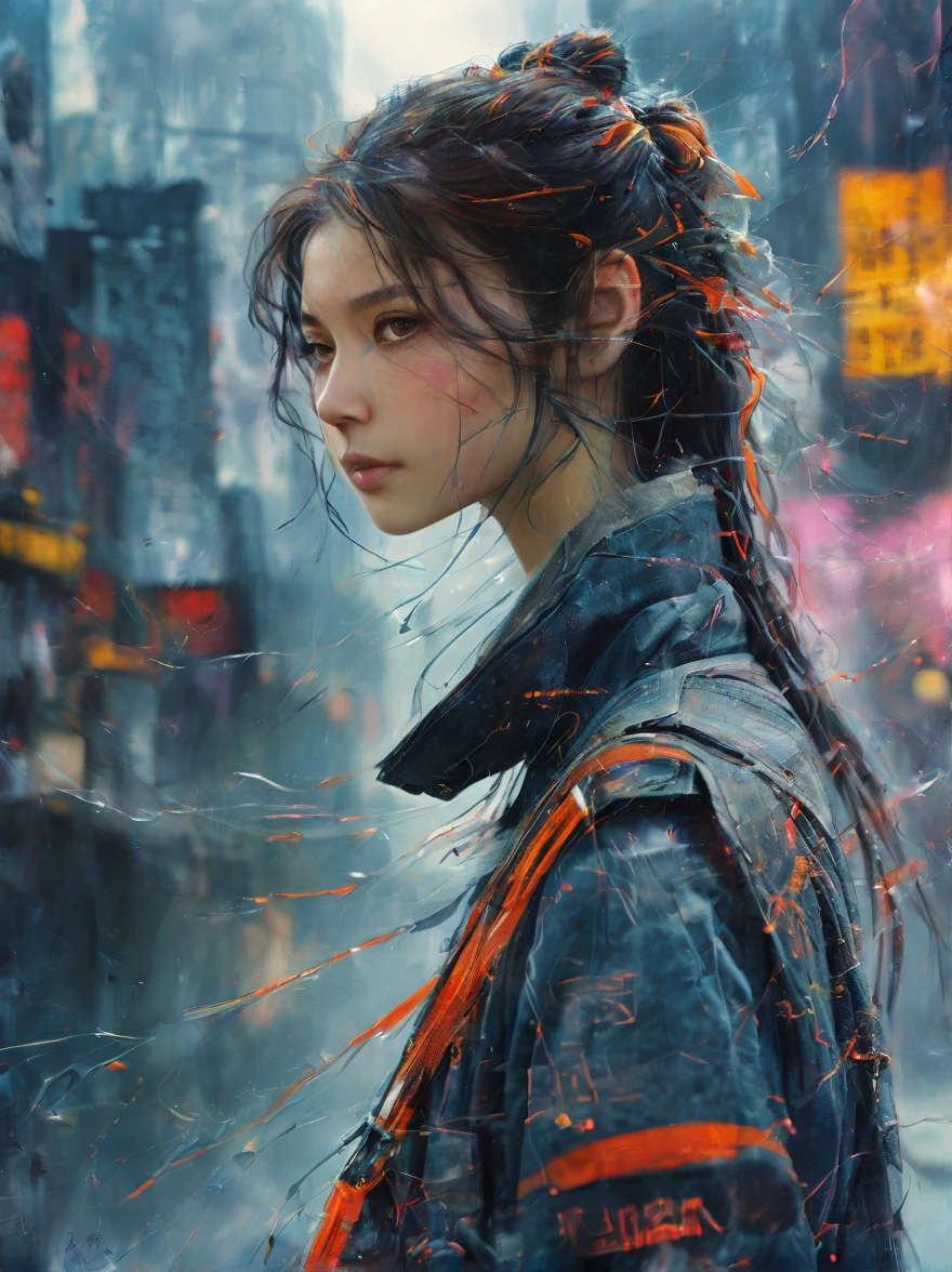 ((extremely delicate and beautiful cybernetic girl)), ((mechanical limb, blood vessels connected to tube, mechanical vertebrae)), ((mechanical cervical attaching to neck)), (wires and cables attaching to neck:1.2), ((mass of wires and cables on head)), ((wearing colorful Harajuku tech jacket with logos)), (character focuacing camera pose)), ((cowboy shot)), (masterpiece), (((best quality))), ((ultra-detailed)), (highly detailed photorealistic CG illustration), cinematic lighting, science fiction, extremely detailed,colorful,highest detail, (((cyberpunk city background, (Blade Runner), Harajuku district)))