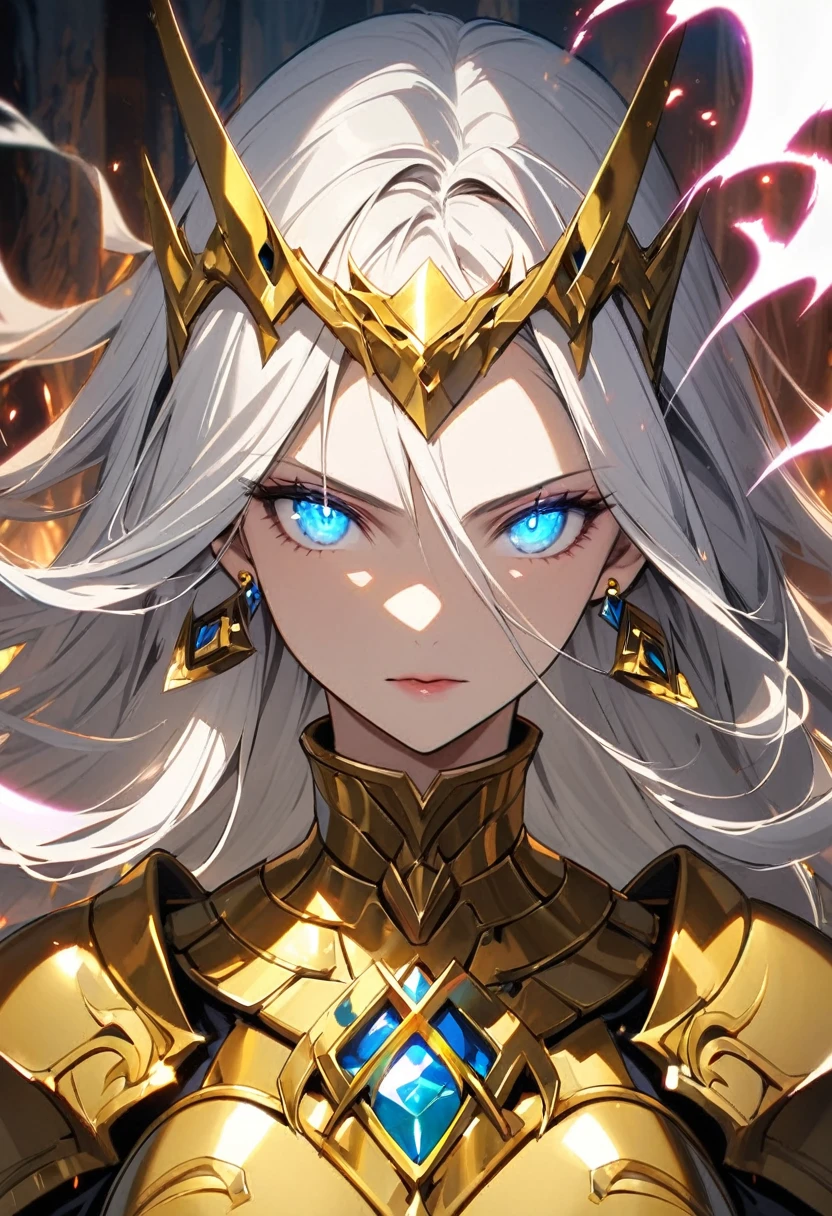 woman, blue eyes, long hair, white hair, mature, god eyes, diamond earings, gentle, golden armor, glowing eyes, god, light, aura