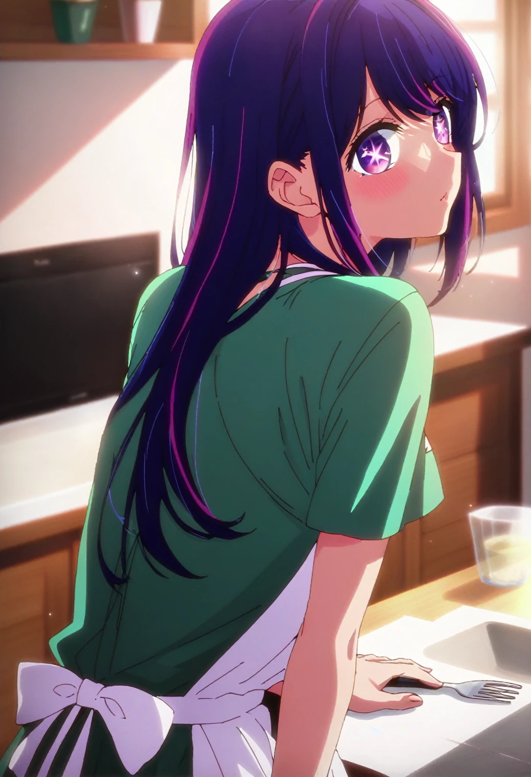 1girl, hoshinoai, solo, purple hair, purple eyes, long hair, star-shaped pupils, BREAK
green shirt, apron, BREAK
from behind, looking back, BREAK
score_9, score_8_up, score_7_up, score_6_up, anime,
(high quality, detailed, beautiful), shiny, detailed beautiful eyes, outstanding, countershading, detailed soft lighting