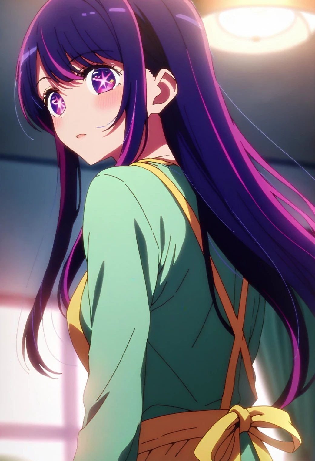 1girl, hoshinoai, solo, purple hair, purple eyes, long hair, star-shaped pupils, BREAK
green shirt, apron, BREAK
from behind, looking back, BREAK
score_9, score_8_up, score_7_up, score_6_up, anime,
(high quality, detailed, beautiful), shiny, detailed beautiful eyes, outstanding, countershading, detailed soft lighting