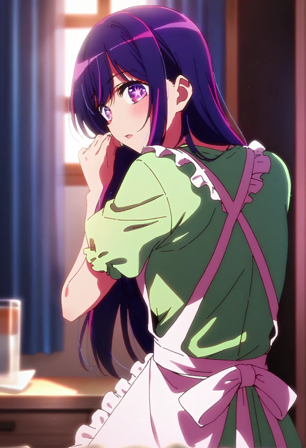 1girl, hoshinoai, solo, purple hair, purple eyes, long hair, star-shaped pupils, BREAK
green shirt, apron, BREAK
from behind, looking back, BREAK
score_9, score_8_up, score_7_up, score_6_up, anime,
(high quality, detailed, beautiful), shiny, detailed beautiful eyes, outstanding, countershading, detailed soft lighting