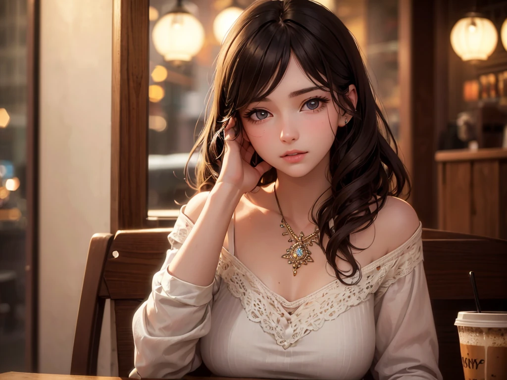 A girl in a coffee shop, listening to music, cozy lofi atmosphere, beautiful detailed eyes, beautiful detailed lips, extremely detailed face and features, porcelain skin, wavy hair, intricate details, warm lighting, cinematic composition, soft focus, film grain, photorealistic, highly detailed, masterpiece