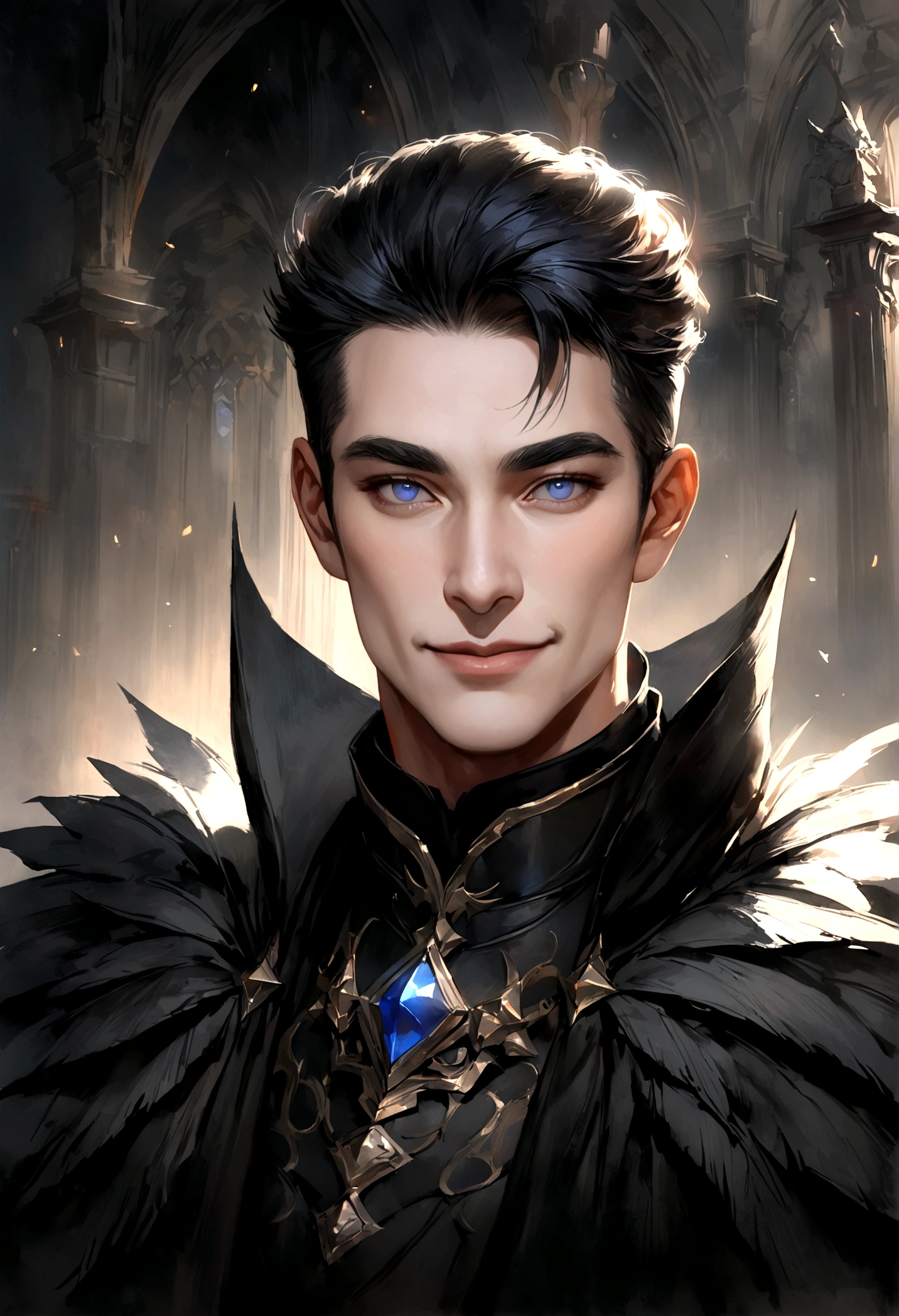 realistic, 1 person, mature man, A quiet and charming young man, 30 years old, smile, gag, Portrait, Highly detailed face, 寒さとsmile, ((blue eyes)), ((black short hair)), [Thick eyebrows], dark palace, ((black long coat)), ((all black)), (blue eyes) ,Short Black Quiff Hair with Soft Fringe, handsome , muscle, Facial expressions, ชุดarmorอัศวินสีดํา , black fur shawl(Masterpiece,best quality,special, (Broad shoulders)) (muscle), warm sunlight，valley，Thick fog,soft light，คนhandsome，armor