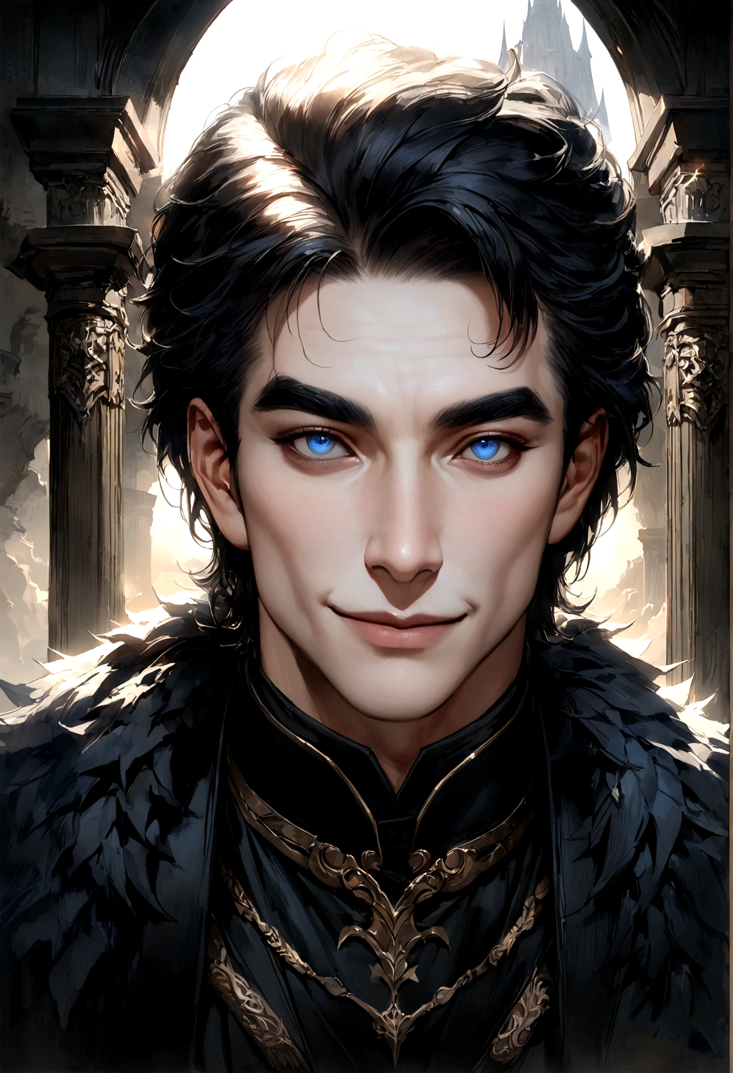 realistic, 1 person, mature man, A quiet and charming young man, 30 years old, smile, gag, Portrait, Highly detailed face, 寒さとsmile, ((blue eyes)), ((black short hair)), [Thick eyebrows], dark palace, ((black long coat)), ((all black)), (blue eyes) ,Short Black Quiff Hair with Soft Fringe, handsome , muscle, Facial expressions, ชุดarmorอัศวินสีดํา , black fur shawl(Masterpiece,best quality,special, (Broad shoulders)) (muscle), warm sunlight，valley，Thick fog,soft light，คนhandsome，armor