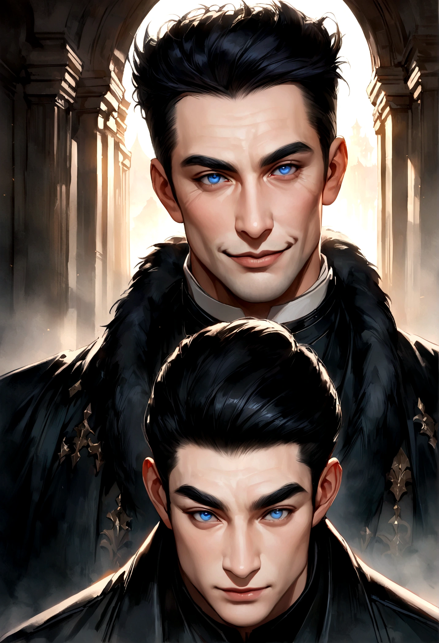 realistic, 1 person, mature man, A quiet and charming young man, 30 years old, smile, gag, Portrait, Highly detailed face, 寒さとsmile, ((blue eyes)), ((black short hair)), [Thick eyebrows], dark palace, ((black long coat)), ((all black)), (blue eyes) ,Short Black Quiff Hair with Soft Fringe, handsome , muscle, Facial expressions, ชุดarmorอัศวินสีดํา , black fur shawl(Masterpiece,best quality,special, (Broad shoulders)) (muscle), warm sunlight，valley，Thick fog,soft light，คนhandsome，armor
