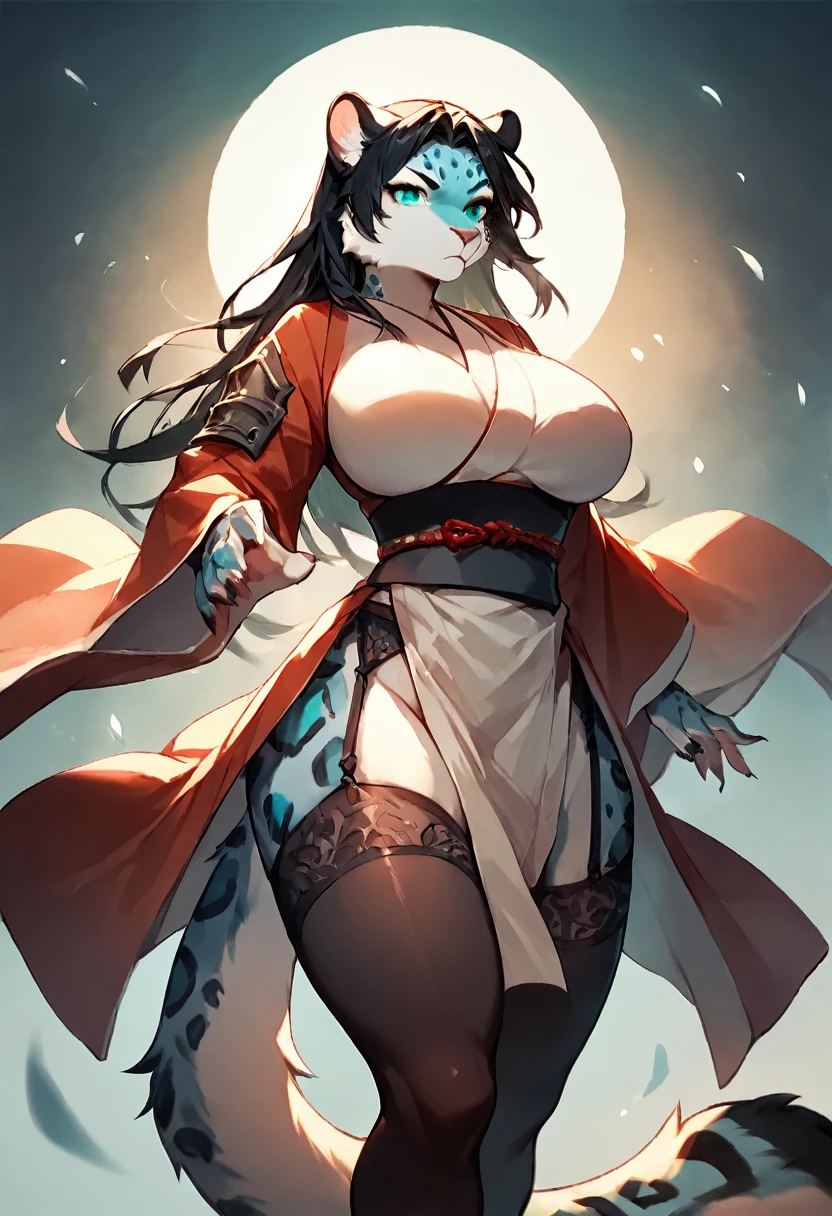 score_9, score_8_up, score_7_up, score_6_up, score_5_up, score_4_up, (solo), female anthro Snow leopard, samurai clothes, lusty, fluffy body, long dark black hair, turquoise eyes, (thick thighs:1.3) (she is standing) , giant breasts, garter belt tights