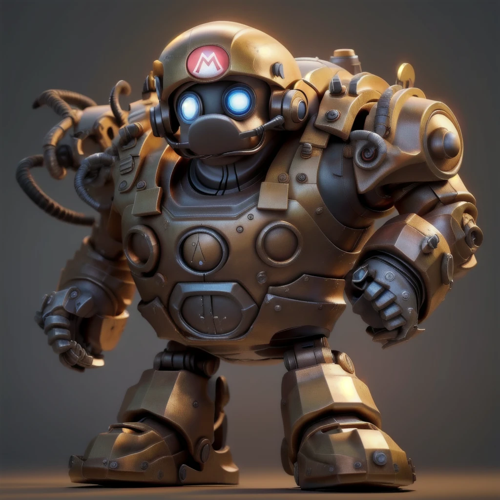 Super Mario with a human face wearing Mecha armor,realisitic,best qualityer,work of art,realisitic,Blitzcrank,robot,mecha armor,mecha,standing alone,gazing at viewer,trunk,cowboy shot,industrial,machinery,