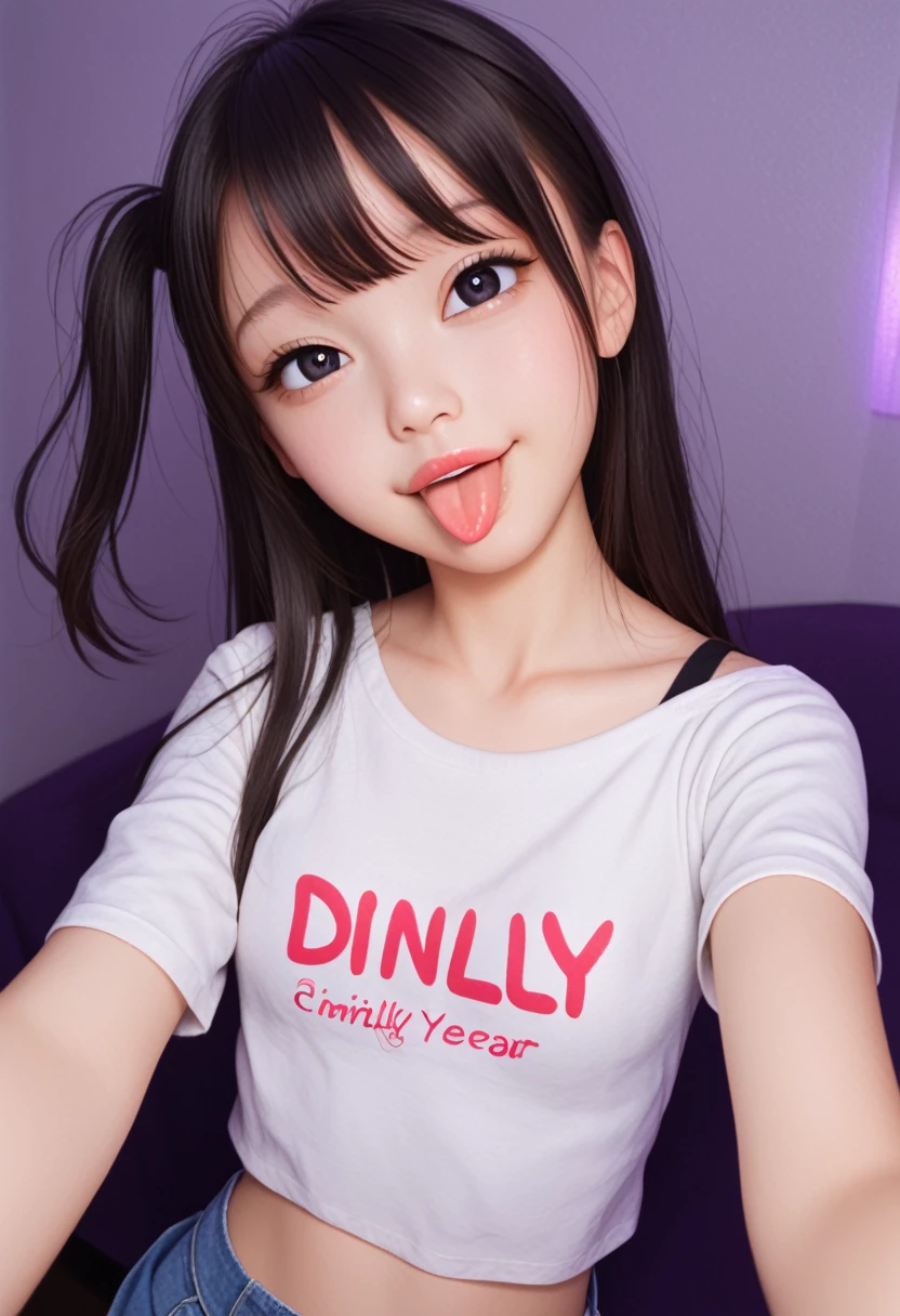 ollarbone,pastel colors t-shirt,off-shoulder look,bare shoulder,midriff peek,Denim mini skirt,open mouth,(tongue out:2),lying,Selfie,looking ahead,from above,front view,cowboy shot,(1girl,Beautiful girl),((Slender,Small breasts,Small face,)),looking at viewer,Black Hair,bangs,one side up,Beautiful and detailed,Mischievous smile,(Dimly lit room:1.5),Simple Background,bed,best quality,Brilliant Quality