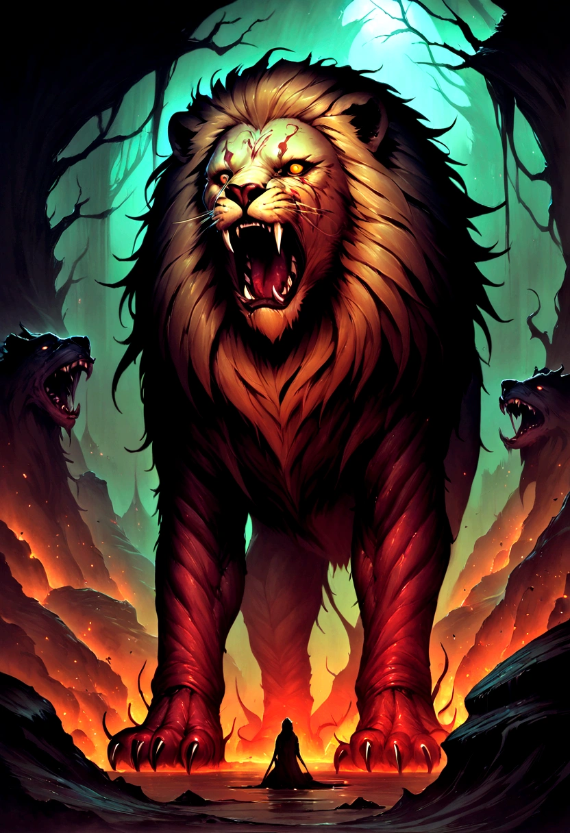 painting of a humanoid lion creature with bloody fangs., Butcher shop, Science - Horror Fiction Art, science fiction horror artwork., inspired by Aleksi Briclot, lobo, de Butcher shop, horror fantasy art, but Alexi Briclot, Horror concept art, poison, Fantasy art and horror., Detailed 4K horror illustration, beast creature, dark horror art