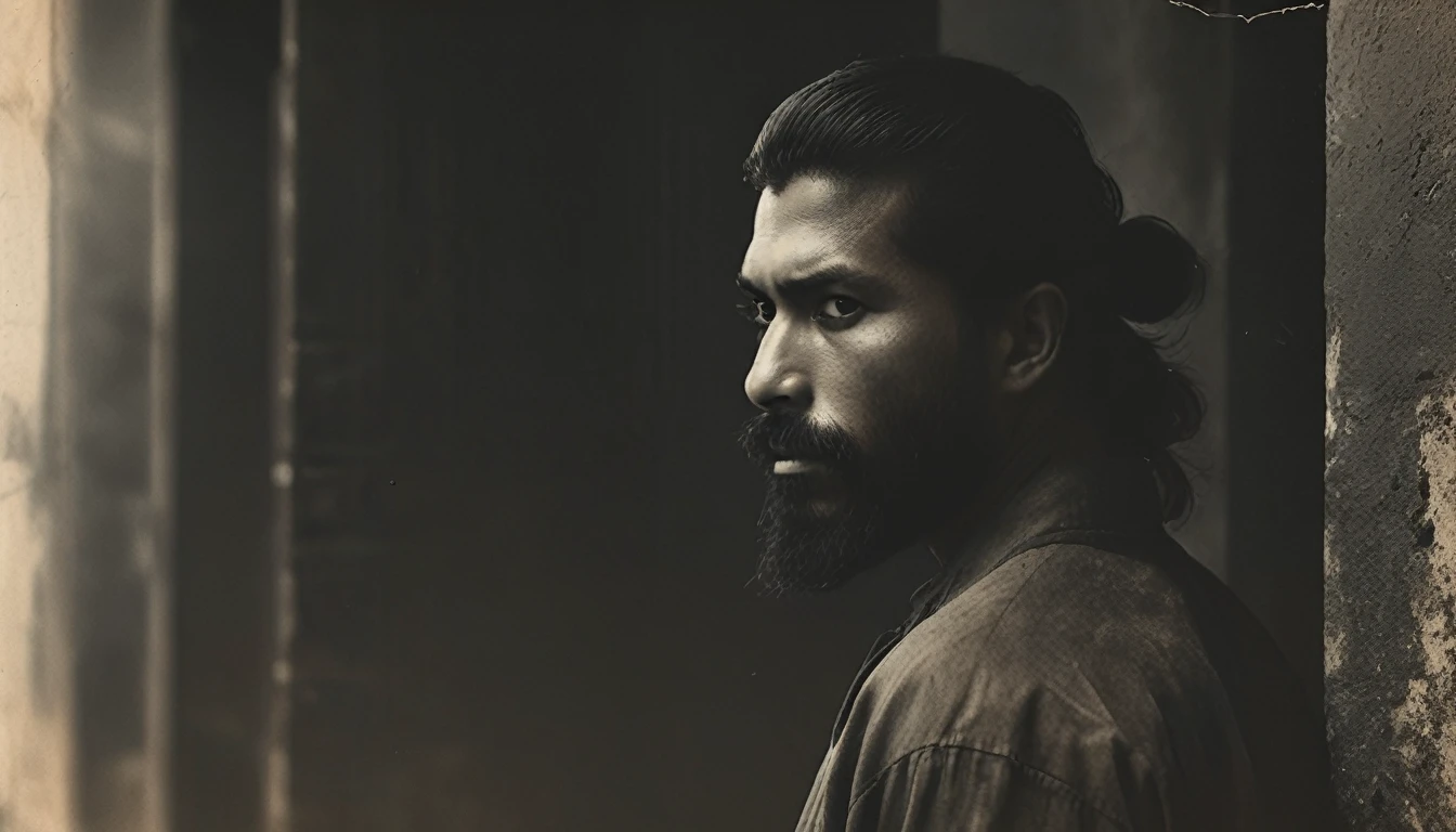 Create a black and white image of a 35-year-old Latino man with a long Spartan-style beard, long straight hair tied in a samurai bun, and slightly tanned skin. He is dressed in a long black shirt. The man is positioned in the background, completely hidden in the shadows, with only faint outlines and subtle highlights hinting at his presence. The background is softly blurred with muted tones, emphasizing the dark and brooding atmosphere, with minimal and dramatic lighting casting deep shadows to enhance the rock 'n' roll feel.