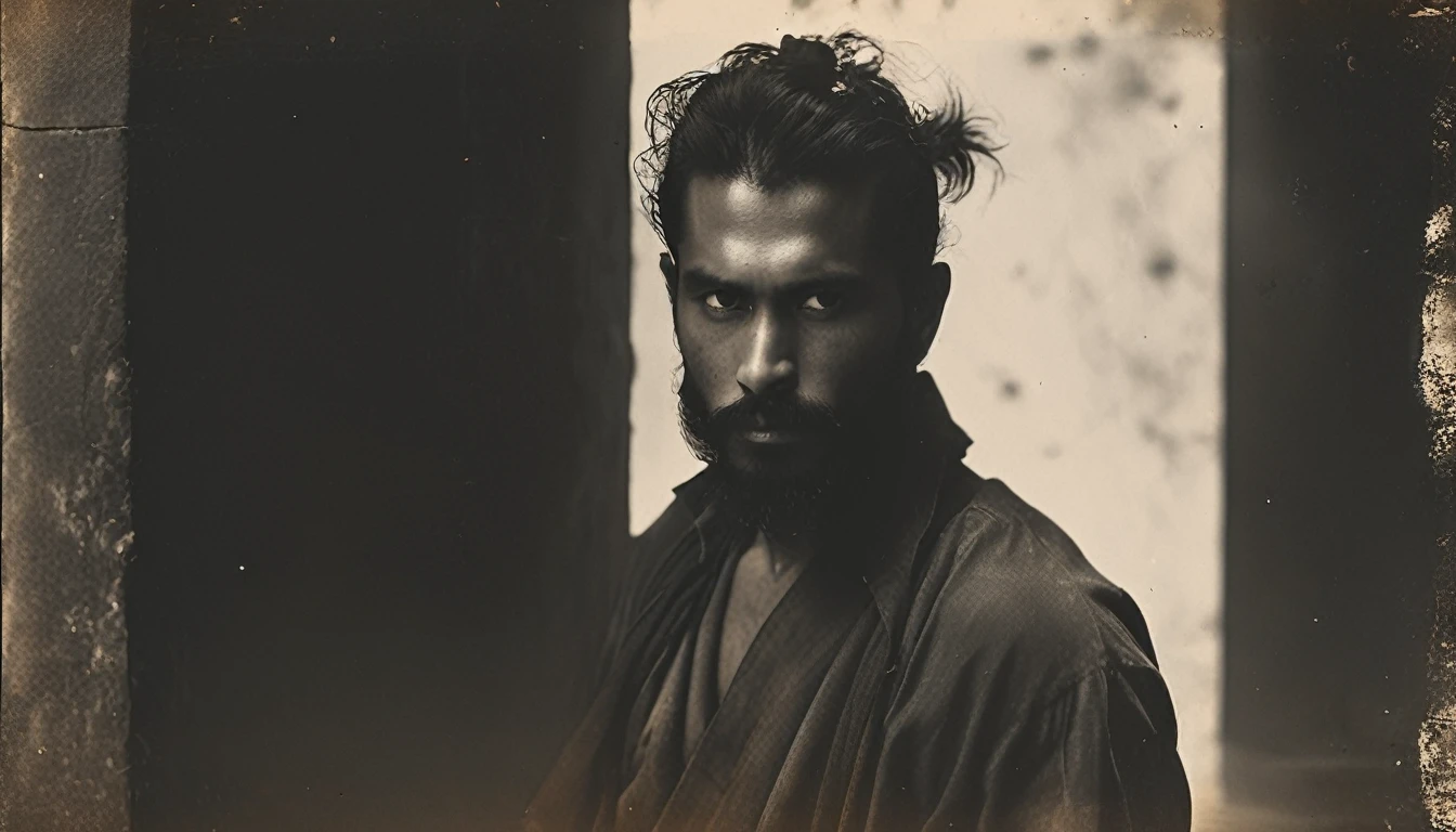 Create a black and white image of a 35-year-old Latino man with a long Spartan-style beard, long straight hair tied in a samurai bun, and slightly tanned skin. He is dressed in a long black shirt. The man is positioned in the background, completely hidden in the shadows, with only faint outlines and subtle highlights hinting at his presence. The background is softly blurred with muted tones, emphasizing the dark and brooding atmosphere, with minimal and dramatic lighting casting deep shadows to enhance the rock 'n' roll feel.