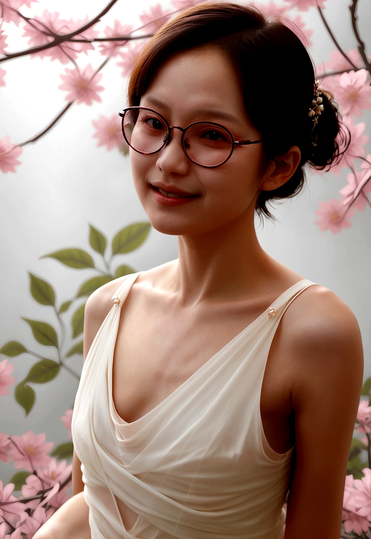 Girl with small eyes in the shade of glasses，Laugh happily，The back is surrounded by many flowers, looking up ,delicate and sexy(clavicle:1.3), (Shiny skin:0.8),(masutepiece:1.4),(Best Quality:1.4)