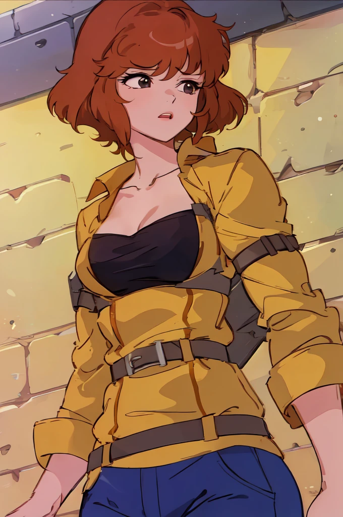 absurdres, april o'neil, 1girl, short brown hair, black eyes, upper body, yellow jumpsuit, sleeves rolled up, white belt