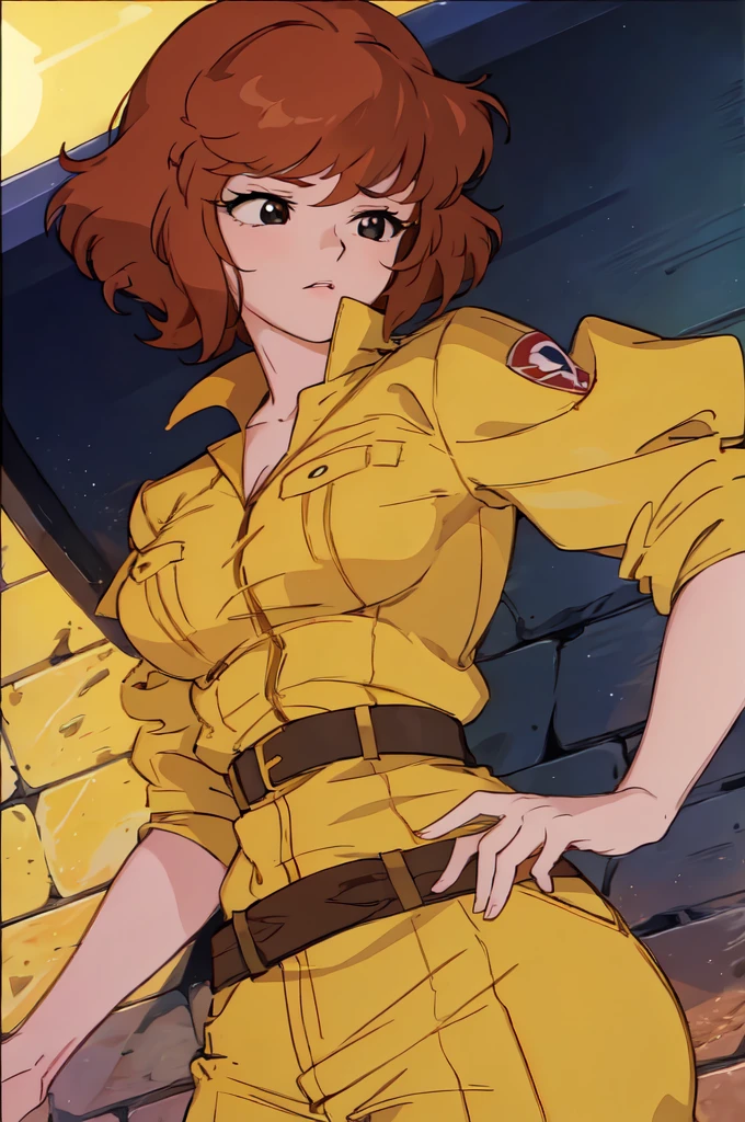 absurdres, april o'neil, 1girl, short brown hair, black eyes, upper body, yellow jumpsuit, sleeves rolled up, white belt