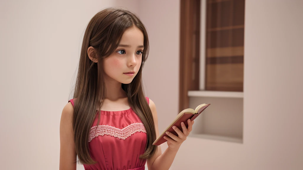girl, 12 years old, with long brown hair, standing reading a book in her hands, wearing a beautiful red-pink dress on a white background beautiful cinematic 8K realistic 3d