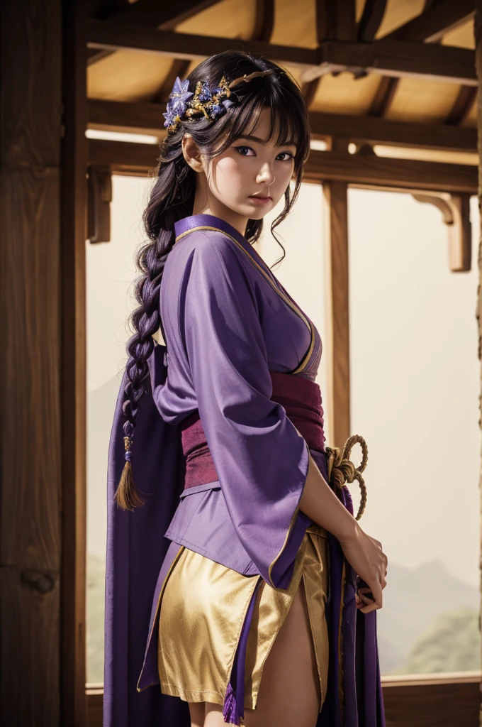 In realistic portrait of high quality and detail, Raiden Shogun (Genshin Impact), movie style, dark and mysterious atmosphere, pale skin, glow, eye shadow, 1girl, thriller fantasy, Depth & Perspective, sadness on her face, an adult girl with long dark hair braided in a braid, her hair has an ombre and its color translates to lilac by the end of the braid. Her head is decorated with a gold hairpin with blue flowers and a fan. Her light-colored kimono-like dress has a short skirt, long tails and long sleeves like furisode's. The back of the floor and the lower part of the sleeve are painted with patterns of various shades of purple and gold.  Unlike her right sleeve, which develops freely, the left one is rolled up and fixed with a braided cord under a black shoulder pad. A wide wine-colored obi belt is tied at the back in a double tatei-musubi knot, resembling a large complex bow tilted to the right, and fastened with a gold fan-shaped decoration with a round purple stone having the Electro symbol. A decorative knot with tassels and a brooch is attached to the purple obi-jime cord tied over the obi. She also wears dark purple stockings up to mid-thigh with a split thumb, which makes them look like traditional Japanese tabi socks. Her shoes are wooden sandals with high heels. There is a decoration with two blue flowers on the right ankle. Mystical powers, fine face, standing in the room, outside, the japanese royal palace on the background, blue sky, white cloud, looking at viewer, (ultra-high detail:1.2), Masterpiece, Best Quality, Ultra-detailed, Cinematic lighting, 8K, delicate features, cinematic, 35 mm lens, f/1.9, highlight lighting, global lighting –uplight –v 4, cinematic, intense gaze, Cinematic lighting, 8K, high quality, Highest Quality, (Solo Focus), (extremly intricate:1.3), (Realistic), dramatic, masterful, Analog style, (Film grain:1.5), (warm hue, cold tone), 