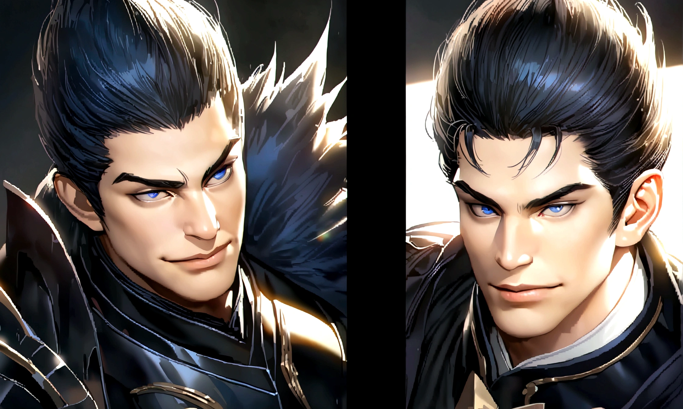realistic, 1 person, mature man, A quiet and charming young man, 30 years old, smile, gag, Portrait, Highly detailed face, 寒さとsmile, ((blue eyes)), ((black short hair)), [Thick eyebrows], dark palace, ((black long coat)), ((all black)), (blue eyes) ,Short Black Quiff Hair with Soft Fringe, handsome , muscle, Facial expressions, Black Knight Armor , black fur shawl(Masterpiece,best quality,special, (Broad shoulders)) (muscle)