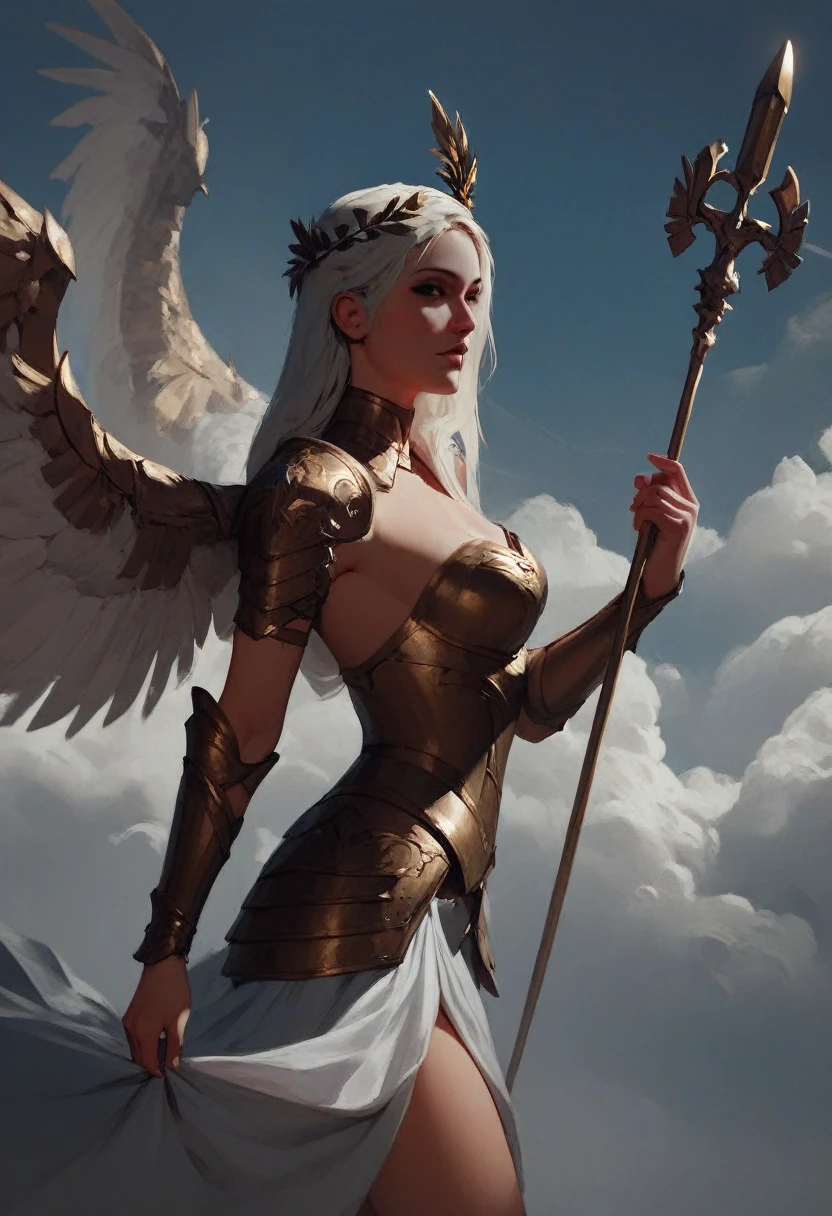 score_9, score_8_up, score_7_up,  1girl, valkyrie in gorgeous armor is holding a spear in hand, (side view, solo:1.1), standing, golden laurel wreath crown, goddess, pale skin, beautiful face, armored dress, wings, looking at viewer, cloudy sky, holy light, light from clouds, fantasy theme  expressiveh d4rk01l 