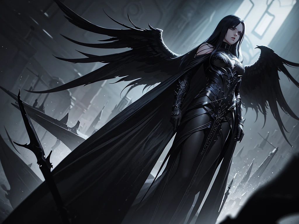 a dark angel,gothic angel,dark electro music,space,dramatic lighting,cinematic,moody atmosphere,dramatic pose,glowing eyes,dark wings,dramatic shadows,metallic accents,intricate details,photorealistic,cinematic lighting,high contrast,muted color palette,chiaroscuro,digital art,concept art