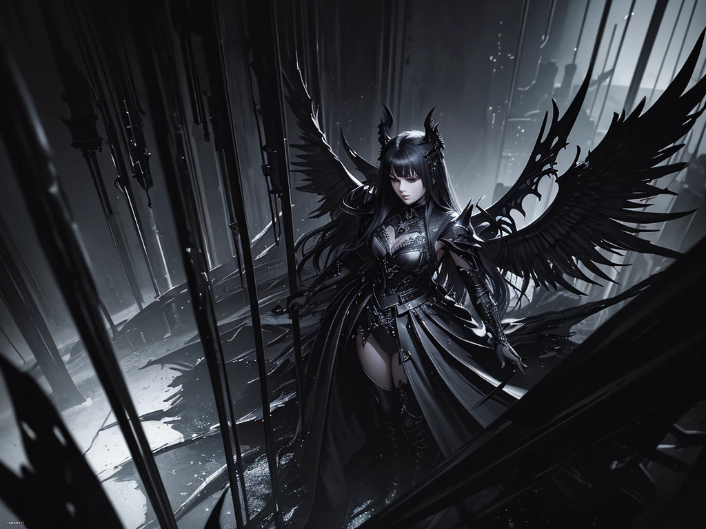 a dark angel,gothic angel,dark electro music,space,dramatic lighting,cinematic,moody atmosphere,dramatic pose,glowing eyes,dark wings,dramatic shadows,metallic accents,intricate details,photorealistic,cinematic lighting,high contrast,muted color palette,chiaroscuro,digital art,concept art