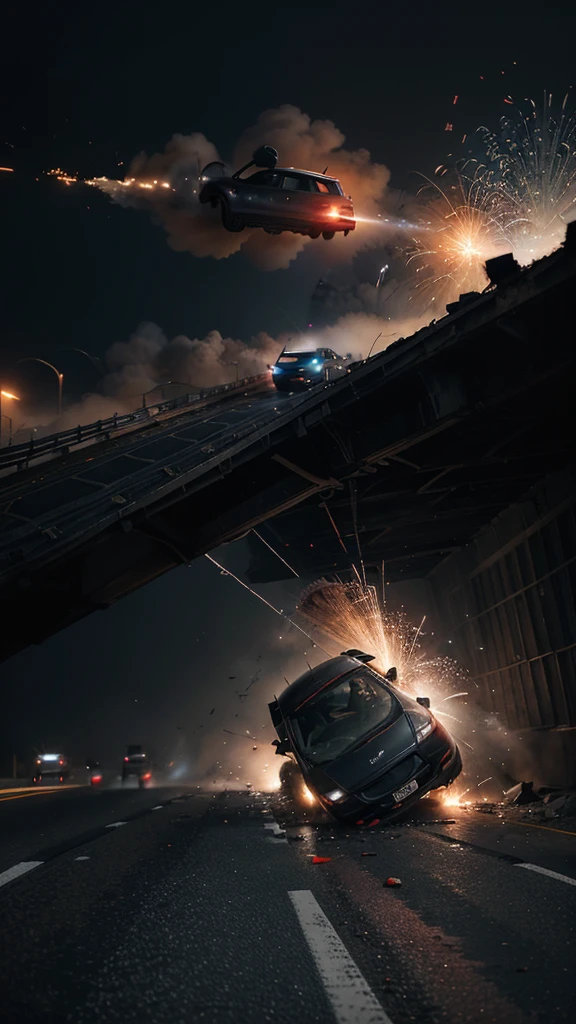 "Create an image that conveys a sense of suspense and imminent danger, showing the explosion of a car tire at high speed. The scene must capture the exact moment of the explosion, with pieces of rubber and debris flying in the air, and the car starting to swerve dangerously to the side. Use a dramatic, contrasting color palette, like shades of black, gray and dark blue, with touches of red and orange to highlight the intensity of the event. Add elements like the blurred road to emphasize speed, s??? marks on the asphalt and sparks near the exploded wheel. The composition must be detailed and dynamic, with abstract patterns on debris and ???? marks to intensify the sense of movement and chaos. The image should evoke a feeling of fear and suspense, capturing the tension and imminent danger of a high-speed accident through a unique and impactful visual style."