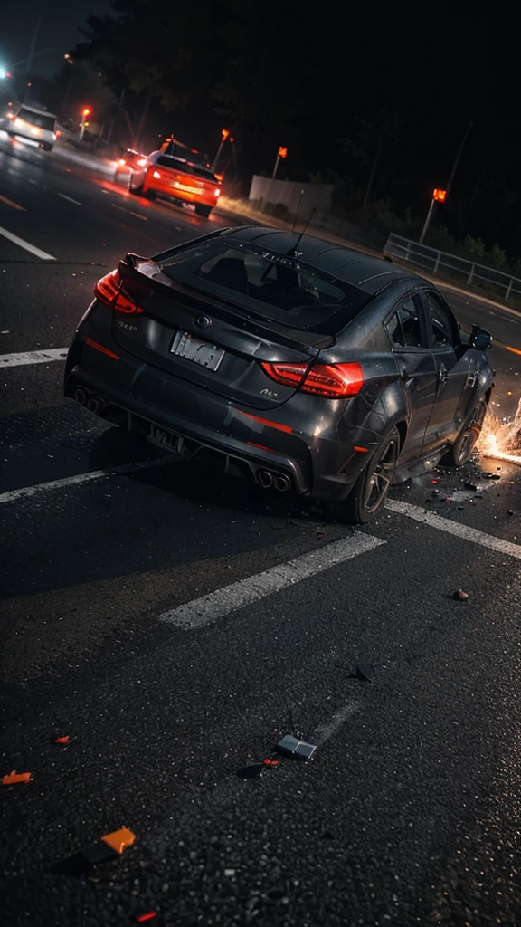"Create an image that conveys a sense of suspense and imminent danger, showing the explosion of a car tire at high speed. The scene must capture the exact moment of the explosion, with pieces of rubber and debris flying in the air, and the car starting to swerve dangerously to the side. Use a dramatic, contrasting color palette, like shades of black, gray and dark blue, with touches of red and orange to highlight the intensity of the event. Add elements like the blurred road to emphasize speed, s??? marks on the asphalt and sparks near the exploded wheel. The composition must be detailed and dynamic, with abstract patterns on debris and ???? marks to intensify the sense of movement and chaos. The image should evoke a feeling of fear and suspense, capturing the tension and imminent danger of a high-speed accident through a unique and impactful visual style."