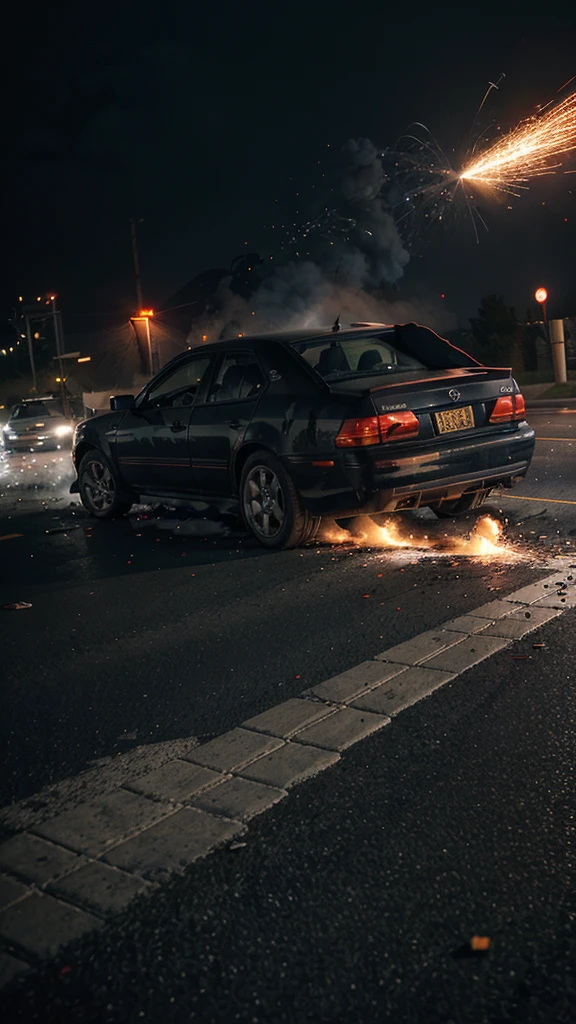 "Create an image that conveys a sense of suspense and imminent danger, showing the explosion of a car tire at high speed. The scene must capture the exact moment of the explosion, with pieces of rubber and debris flying in the air, and the car starting to swerve dangerously to the side. Use a dramatic, contrasting color palette, like shades of black, gray and dark blue, with touches of red and orange to highlight the intensity of the event. Add elements like the blurred road to emphasize speed, skid marks on the asphalt and sparks near the exploded wheel. The composition must be detailed and dynamic, with abstract patterns on debris and skid marks to intensify the sense of movement and chaos. The image should evoke a feeling of fear and suspense, capturing the tension and imminent danger of a high-speed accident through a unique and impactful visual style."