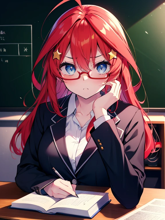 Satsuki Nakano, Itsuki Nakano, bangs, blue eyes, hair between eyes, Ahoge, redhead, Star \(symbol\), hair ornaments, Star hair ornaments,OL, red glasses, fund, black suit jacket, collared jacket, white dress shirt, collared shirt, neckline, button, black pencil skirt, black pantyhose,classroom,blackboard ,Standing in front of a blackboard holding a textbook,mouth open,serious,A student is sitting at a desk and studying,highest quality, High resolution, unity 8k wallpaper, (figure:0.8), (beautiful and fine eyes:1.6), highly detailed face, perfect lighting, Highly detailed CG, (perfect hands, perfect anatomy),