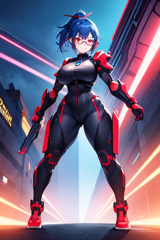 1girl, red eyes, blue hair, very short hair, ponytail, large breasts, hourglass figure, bodysuit, black bodysuit, neon, neon trim, machinery, tech, science-fiction, red glasses, futuristic, smile, standing, full body, ((full body)), shoulder armor