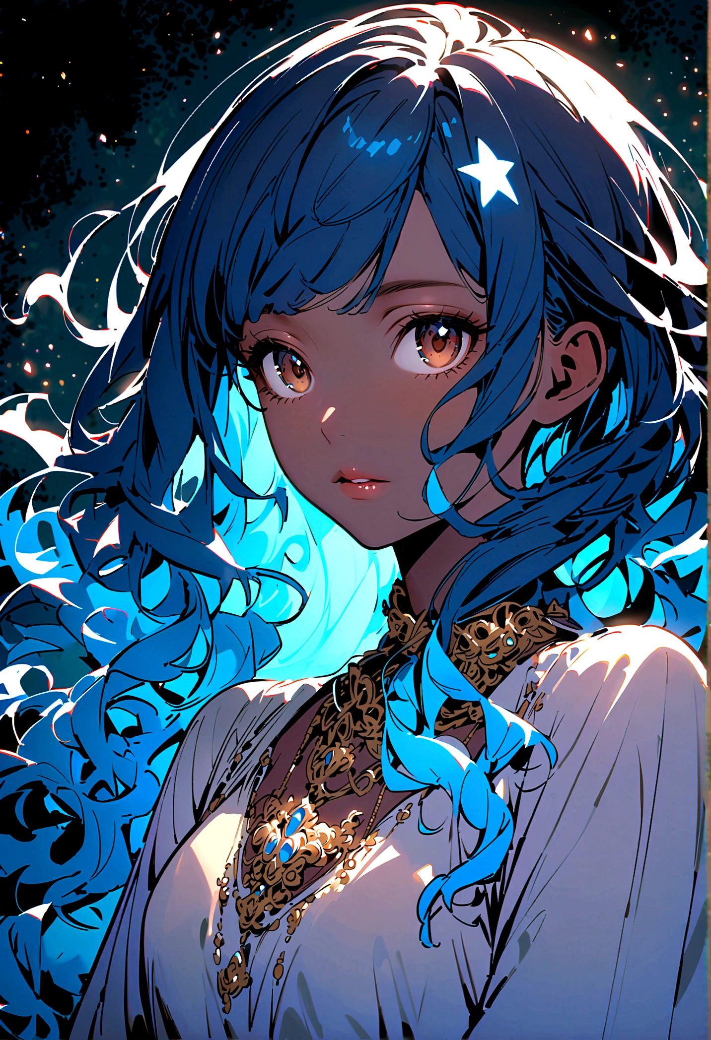 A beautiful girl, big elongated eyes, dark brown eyes, long blue hair, soft lips, brown skin, hair blue, wavy hair, hair bangs, glowy stars on hair, white tip with light blue, neck chain with a white star, right gaze, glow, fantasy