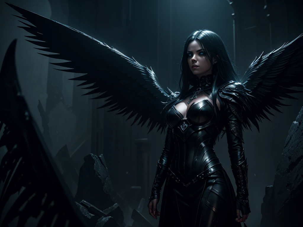 a dark angel,gothic angel,dark electro music,space,dramatic lighting,cinematic,moody atmosphere,dramatic pose,glowing eyes,dark wings,dramatic shadows,metallic accents,intricate details,photorealistic,cinematic lighting,high contrast,muted color palette,chiaroscuro,digital art,concept art