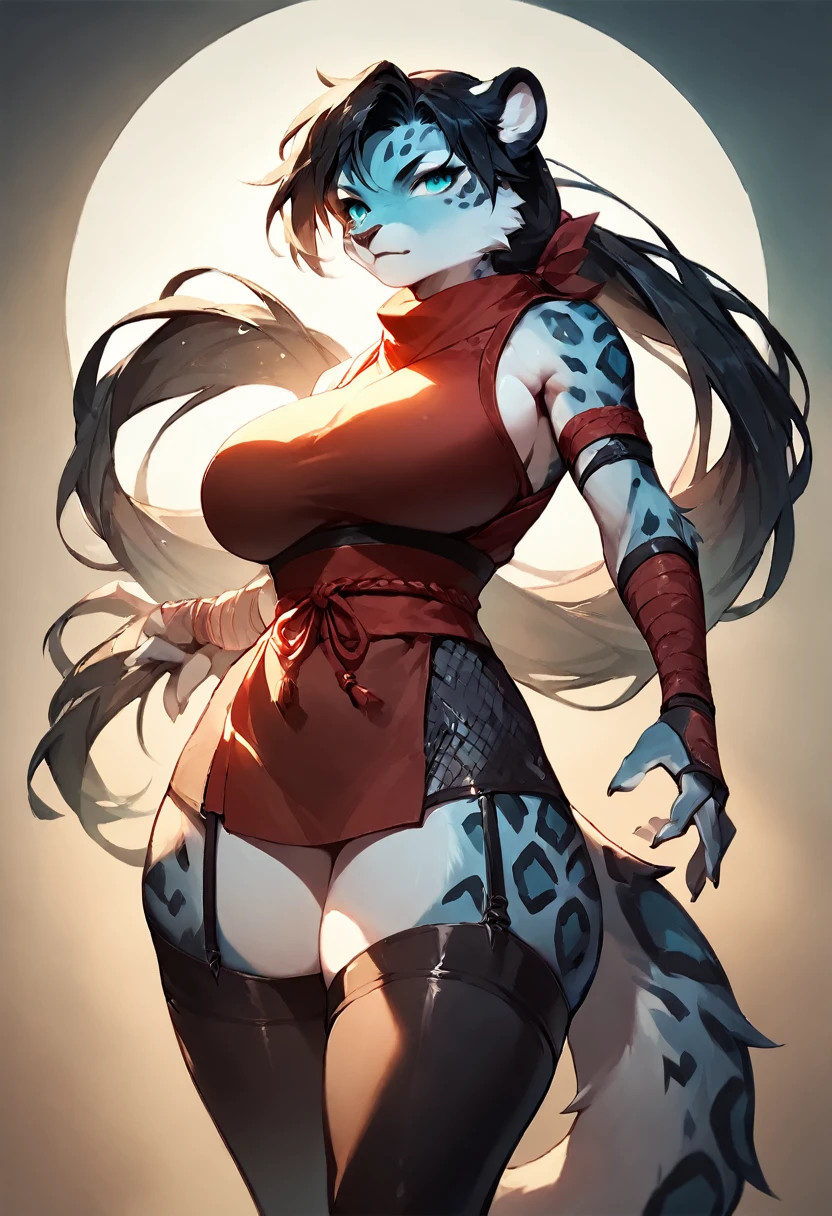 score_9, score_8_up, score_7_up, score_6_up, score_5_up, score_4_up, (solo), female anthro Snow leopard, ninja clothes, lusty, fluffy body, long dark black hair, turquoise eyes, (thick thighs:1.3) (she is standing) , giant breasts, garter belt tights