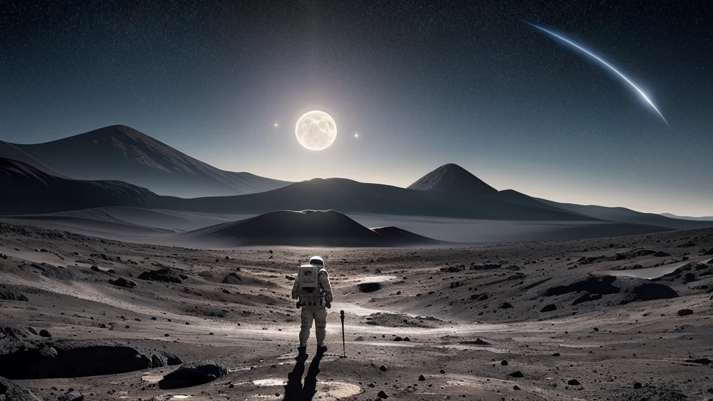 Hyper-realistic digital painting of a lunar landscape, with vast expanses of gray dust and rocky terrain, illuminated by the distant Earth hanging in the blackness of space. Craters of various sizes dot the surface, casting deep shadows, and jagged mountains rise in the background under the bright sunlight. The sky is a pitch-black void, speckled with distant stars. In the foreground, an astronaut stands next to a flag planted in the ground, their helmet visor reflecting the distant Earth, cinematic composition, trending on ArtStation