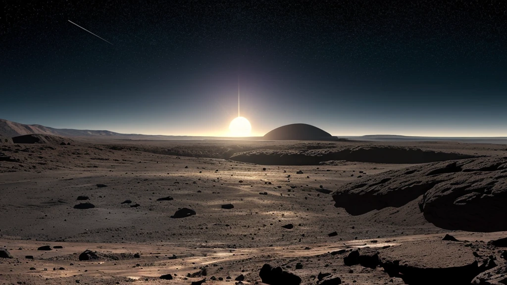 Hyper-realistic digital painting of a lunar landscape, with vast expanses of gray dust and rocky terrain, illuminated by the distant Earth hanging in the blackness of space. Craters of various sizes dot the surface, casting deep shadows, and jagged mountains rise in the background under the bright sunlight. The sky is a pitch-black void, speckled with distant stars. In the foreground, an astronaut stands next to a flag planted in the ground, their helmet visor reflecting the distant Earth, cinematic composition, trending on ArtStation