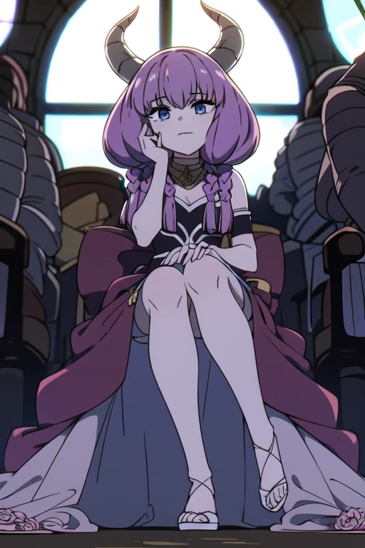 (((Best quality))),((Ultra-detailed)),((illustration)),((Disheveled hair)),((frilld)),(1 girl),(Solo),(Tailed wedding dress:1.2),
crossed_legs,foot_focus,from_below,hand_on_own_face,head_rest,looking_at_viewer,sitting,tile_floor,rating:safe,
pink_hair,grey_eyes,Horns,