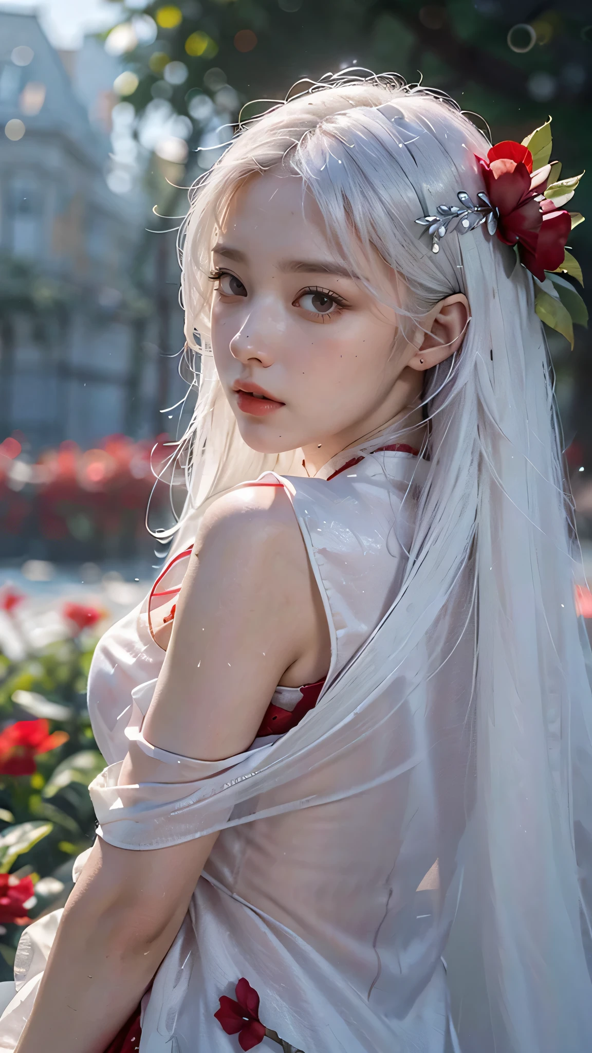 1girl,solo,1girl,solo,((beautiful detailed eyes)), (detailed light),depth of field,(white hair),silver eyes,hair over one eye,(red flower ), hair flower,long hair,black cloak,wet,emotionless,looking back,night,starfall,raining,fog,red flowers falling,sketch,upper body,intense shadows,
