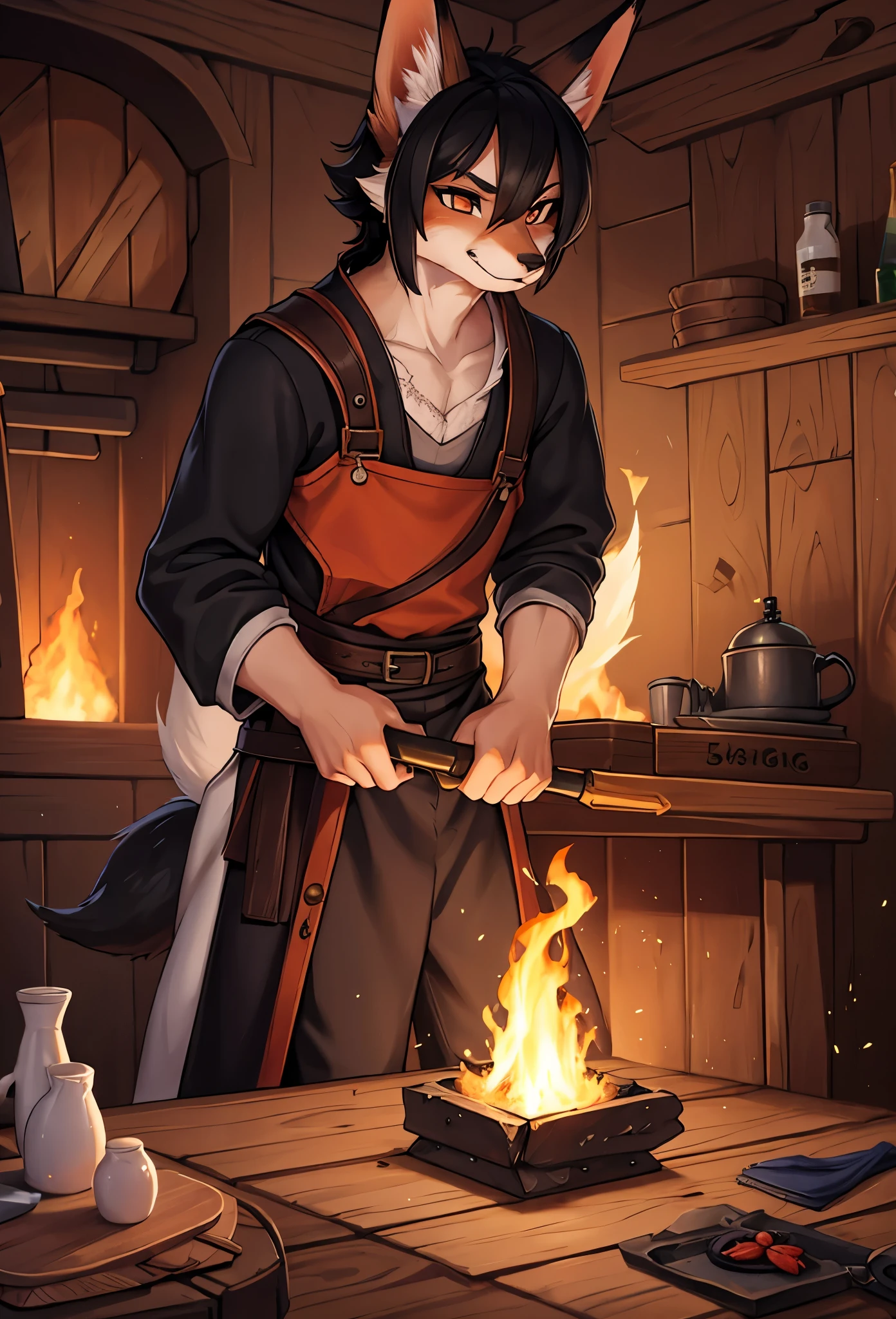1boy half fox, black hair, blacksmith