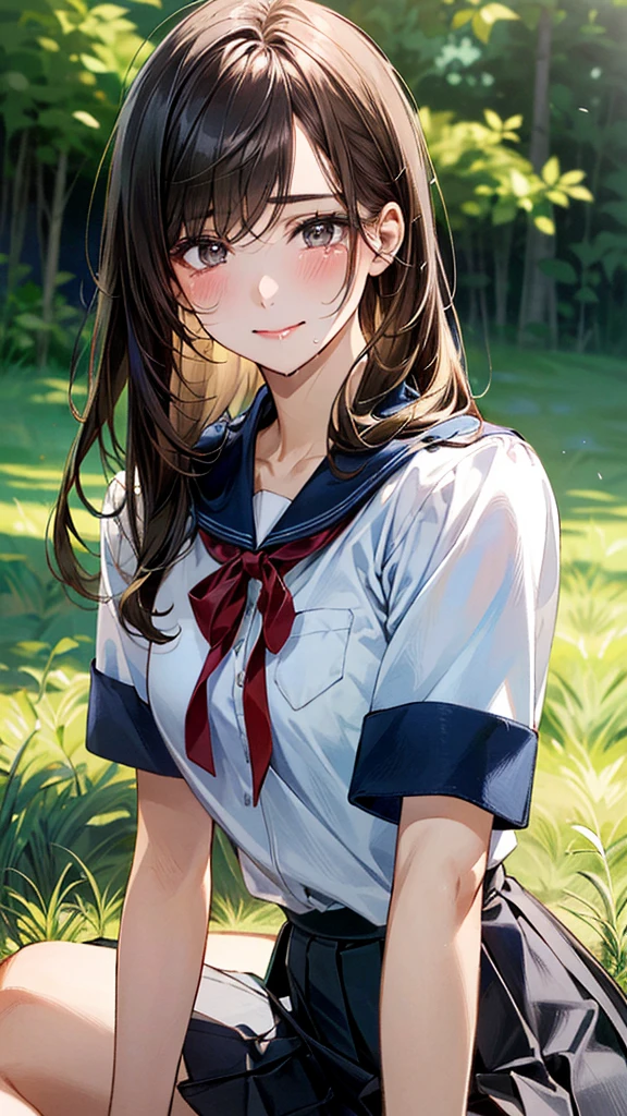 (masterpiece:1.2, top-quality, ultra high res, ultra detailed), (realistic, photorealistic:1.4), beautiful illustration, (natural side lighting, movie lighting), 
looking at viewer, (face focus, upper body), 1 girl, japanese, high school dirl, perfect face, (perfect anatomy), cute and symmetrical face, baby face, shiny skin, slender
(long hair:1.5, straight hair:1.2, sark brown hair), parted bangs, grey eyes, long eye lasher, (medium breasts), 
beautiful hair, beautiful face, beautiful detailed eyes, beautiful clavicle, beautiful body, beautiful chest, beautiful thigh, beautiful legs, 
((detailed cloth texture, short sleeve white collared shirts, navy blue pleated mini skirt, red neck ribbon), , , 
(beautiful scenery), hands on chest, (lovely smile, upper eyes), In a wooded area, amidst thick vegetation, a girl is lying on her back with her legs wide open, holding a large dog between her legs. The girl's breasts are large and her nipples are standing out, even over her clothes.
Her face is bright red, her brow is furrowed, her mouth is open, and she looks delighted.