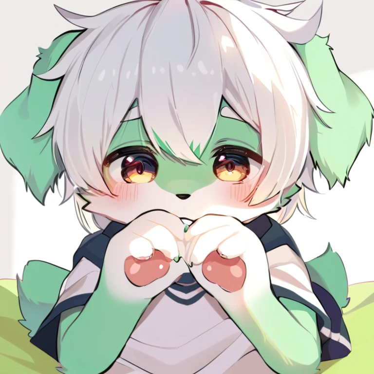 Cute dog with green fur、Shy white-haired boy with a red collar,Sex,Pet dish sperm licking