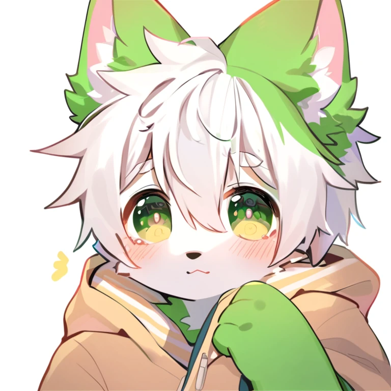 Green fur cute dog、Shy boy with white hair