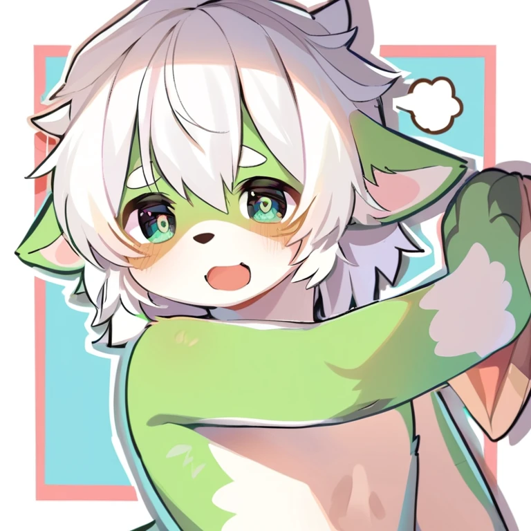 Green fur cute dog、Shy boy with white hair