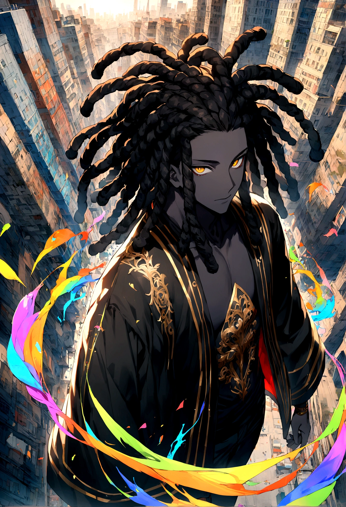 1 man, long black hair with dreadlocks, gold eyes, black skin, wearing black haori, athletic constitution, City, looking at the viewer