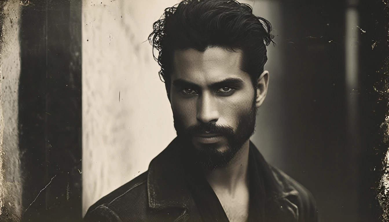 Create an image of a 35-year-old Latino man with a long Spartan-style beard. The beard is dense, well-groomed, and extends down his chest, giving him a rugged and imposing appearance. He has long, straight hair tied back in a samurai-style bun, adding to the edgy rock vibe. His jawline is strong and angular, with pronounced lines. His eyes are deep and expressive, with thick eyebrows adding intensity to his gaze. His skin is slightly tanned, reflecting his Latino heritage.

He is dressed in a long black shirt, exuding a rock 'n' roll aesthetic. The scene is entirely in black and white, creating a stark, dramatic effect. The man is positioned in the background, completely hidden in the shadows, with only faint outlines and subtle highlights hinting at his presence and attire.

The background is softly blurred with muted tones, emphasizing the dark and brooding presence of the figure. The minimal, dramatic lighting casts deep shadows that obscure most of his features, contributing to a haunting and atmospheric rock 'n' roll feel. Ensure the overall image maintains a monochromatic black and white palette to enhance the intense and mysterious atmosphere.