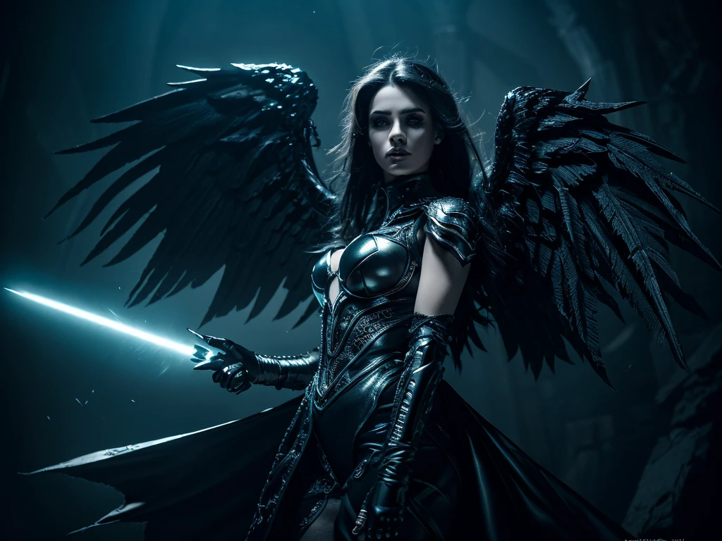 a dark angel,gothic angel,dark electro music,space,dramatic lighting,cinematic,moody atmosphere,dramatic pose,glowing eyes,dark wings,dramatic shadows,metallic accents,intricate details,photorealistic,cinematic lighting,high contrast,muted color palette,chiaroscuro,digital art,concept art