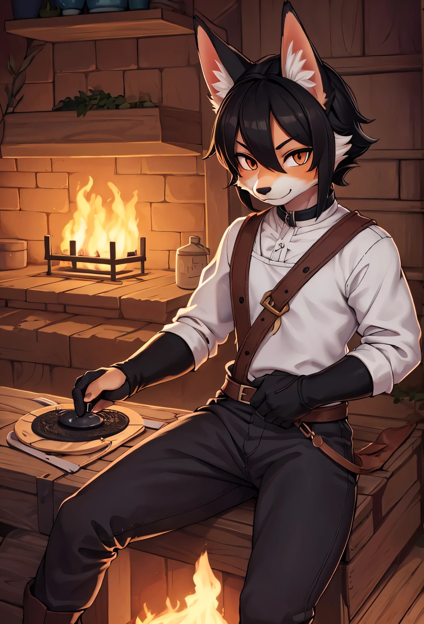 1boy half fox, black hair, blacksmith